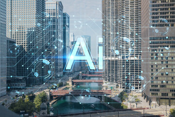 Aerial city panorama of Chicago Riverwalk downtown area, Boardwalk with bridges, day time, Illinois, USA. Artificial Intelligence concept. AI and business, machine learning, neural network, robotics