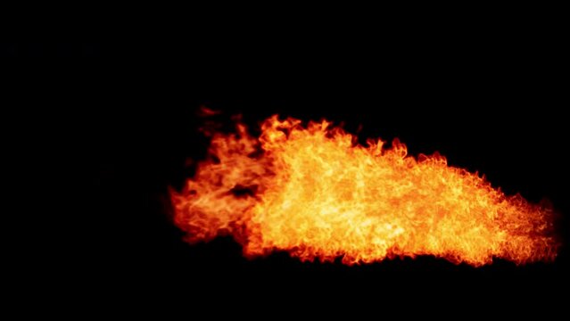 The vertically moving flame thrower starts shooting from the right side to the center of the screen horizontally, isolated by the alpha channel (transparent background)