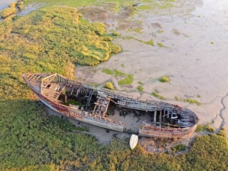 Aerial drone. Shipwreck of the Aberdeen fishing boat at Motney Hill, Rainham Creek, Medway, Kent,...