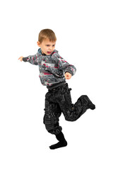 Boy grimaces and indulges on a white background. Isolated.