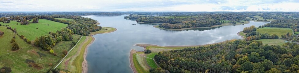 Aerial drone. Bewl Water lake reservoir on the East Sussex - Kent border, England.