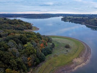 Fototapeta na wymiar Aerial drone. Bewl Water lake reservoir on the East Sussex - Kent border, England.