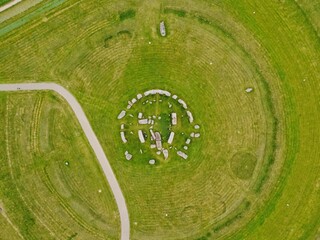 Aerial drone view of Stonehenge, Amesbury, England, ancient prehistoric stone monuments.