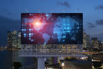 Hologram of Earth planet map on billboard over night panoramic cityscape of Singapore. The concept of international companies in Southeast Asia. Globe