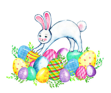 Cute easter bunny, rabbit and eggs illustration painted with watercolor. Cartoon colorful elements isolated on white. Easter decoration, greeting, card, invitation