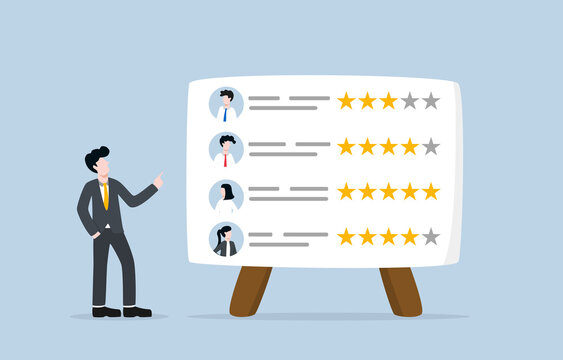 Employee assessment, performance review, or evaluation concept. Boss point to star rating board of each employee performance.
