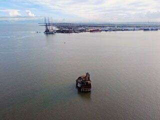 Aerial drone. Grain Tower Battery, between the Isle of Grain and Isle of Sheppey.