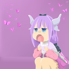 purple haired cute little female anime character. purple background decorated with flying butterflies.