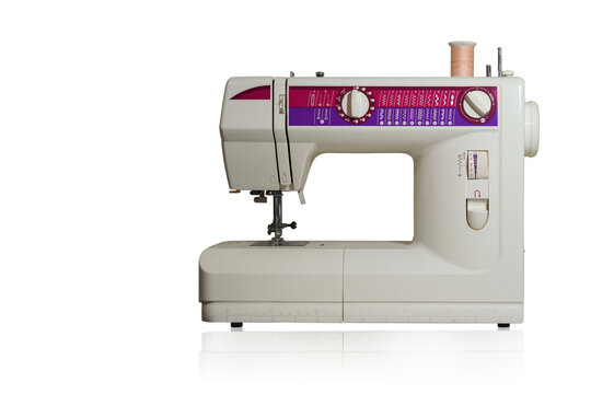 front view white and purple sewing machine on white background, object, technology, work, decor, copy space