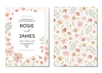 Botanical wedding invitation card template design, pink, orange wildflowers and green leaves with frame on light beige background, pastel vintage theme