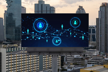 Glowing Social media icons on billboard over sunset panoramic city view of Bangkok. The concept of networking and establishing new connections between people and businesses in Southeast Asia