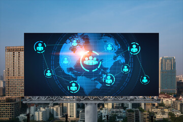 World planet Earth map hologram of social media icons over sunset panoramic cityscape of Bangkok, Southeast Asia. The concept of people connections.