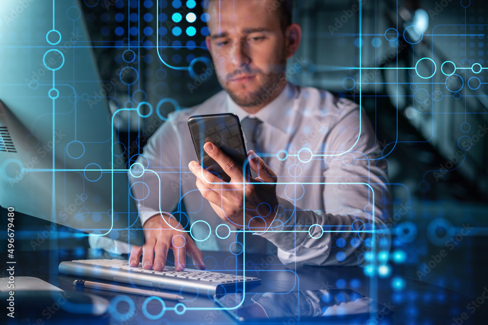 Poster businessman in casual wear using smart phone to optimize development by implying new technologies in