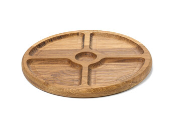 empty round wooden plate for serving cheese, vegetables on a white isolated background