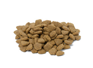 triangular pieces of animal food on a white background. Pile of nutritious food
