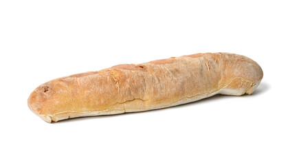 oblong baked bread baguette isolated on white background
