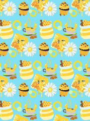 Seamless pattern with honney and cupcakes on the blue background