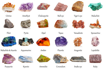 Macro mineral stone Fluorite, Amethyst, Pyrite, Malachite, Bull eye, Tiger's eye, Flint, Chalcopyrite, Opal, Topaz, Vanadinite, Spessartine, Malachite & Azurite