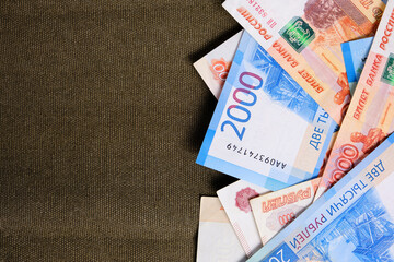Bank notes Russian ruble cornish fabric background.Money and finance.Two thousandth and five...