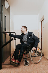 Fototapeta na wymiar Disabled man on wheel chair using elevator in apartment house