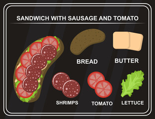 A set of ingredients for a sandwich with sausage and tomato on a black background. Vector image.