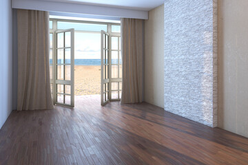 Empty Room with Sea View. Interior with Open Windows Overlooking the Ocean, Beige Curtains, Yellow Sand and the Clouds. Dark Parquet Floor and a Beige Stucco Wall with a White Brickwork. 3D rendering