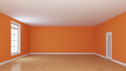Empty Room whith Bright Orange Stucco Walls, Light Glossy Parquet Floor, White Plinth, Window and a White Door. Perspective View. 3D Rendering with a Work Path on Window. Interior Concept 8K Ultra HD