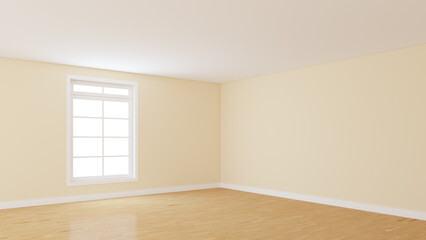 Obraz premium Empty Interior Corner with Light Beige Walls, Large Window, Light Glossy Parquet Floor and a White Plinth. Perspective View. 3D rendering with a Work Path on Window. 8K Ultra HD, 7680x4320, 300 dpi