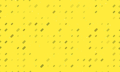 Seamless background pattern of evenly spaced black astrological opposition symbols of different sizes and opacity. Vector illustration on yellow background with stars