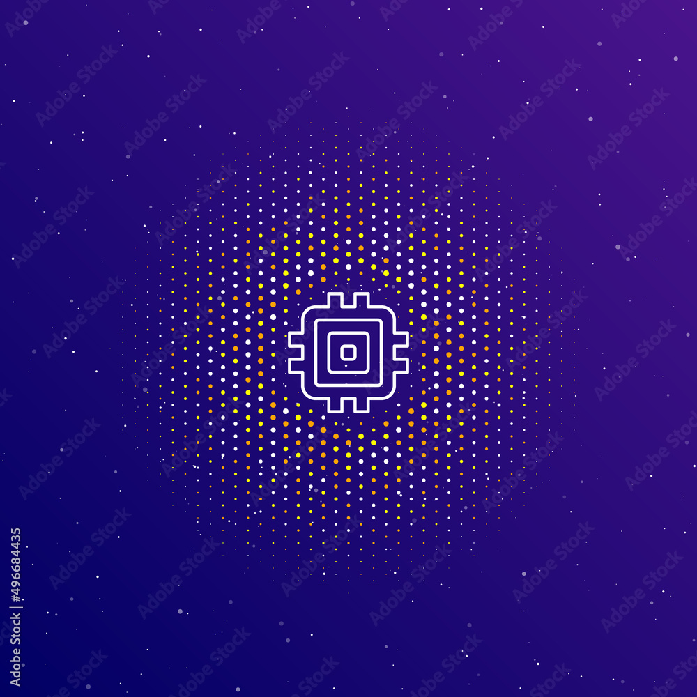 Poster a large white contour chip symbol in the center, surrounded by small dots. dots of different colors 