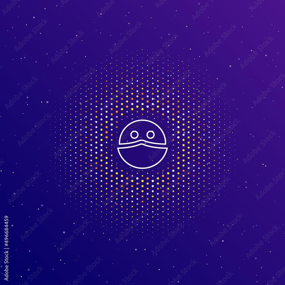 Poster a large white contour masked face symbol in the center, surrounded by small dots. dots of different 