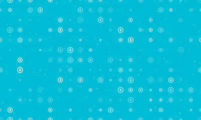 Fototapeta na wymiar Seamless background pattern of evenly spaced white download symbols of different sizes and opacity. Vector illustration on cyan background with stars