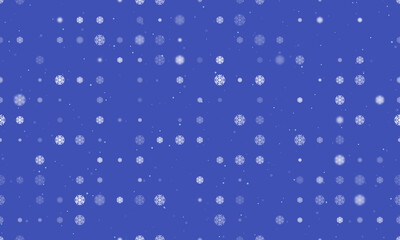 Seamless background pattern of evenly spaced white snowflake symbols of different sizes and opacity. Vector illustration on indigo background with stars