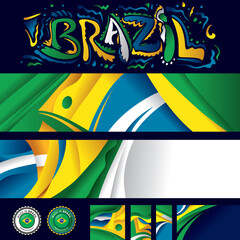 Brazil Abstract Flag Artwork Collection, Brazilian Flag Colors (Vector Art) - obrazy, fototapety, plakaty
