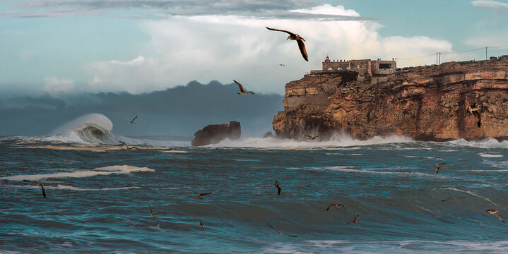 Big waves in Nazare, Portugal. Waves of the Atlantic Ocean in Portugal. Waves for surfing.