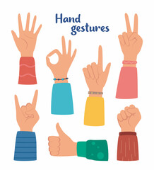 Hand gesture set. human hands showing thumbs up, pointing and greeting, OK. Various hand symbols. Interactive communication set. Vector illustration.