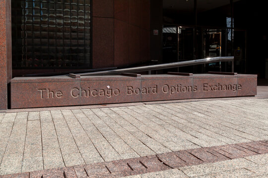 Chicago, Illinois, USA - March 28, 2022: Chicago Board Options Exchange (Cboe) sign is seen on the building in Chicago, Illinois, USA. Cboe is the largest U.S. options exchange. 