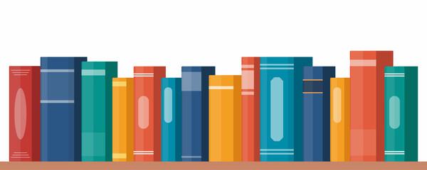 Book shelf with multicolored book spines. Books on a shelf. Vector illustration in flat style. © Alena