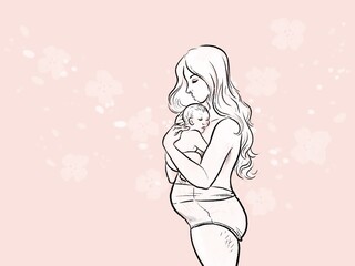 An illustration of a woman postpartum holding her sleeping newborn
