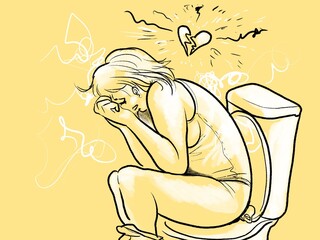 An illustration of a young woman sitting on toilet and crying, sad, lonely and heartbroken after miscarriage