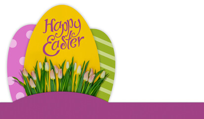 Modern fresh floral background for greeting card with Easter eggs and Chamomile on bright green and yellow surface