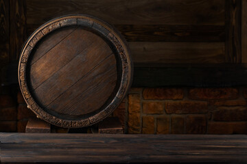 Rustic barrels for beverage in a dark wine cellar. Wooden empty surfaces for copy space, mockup, template for design of beer, wine, alcohol products, Vintage retro style background