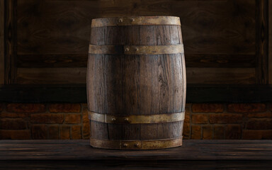Rustic barrels for beverage in a dark wine cellar. Wooden empty surfaces for copy space, mockup, template for design of beer, wine, alcohol products, Vintage retro style background