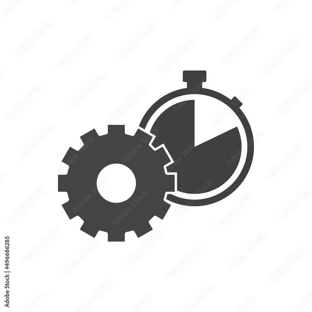 Poster vector icon gears wheel and clock the working process. illustration gears in motion on white isolate