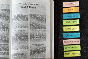 Fruit of the Spirit handwritten words with an open Bible Galatians Book. Concept of Christian...