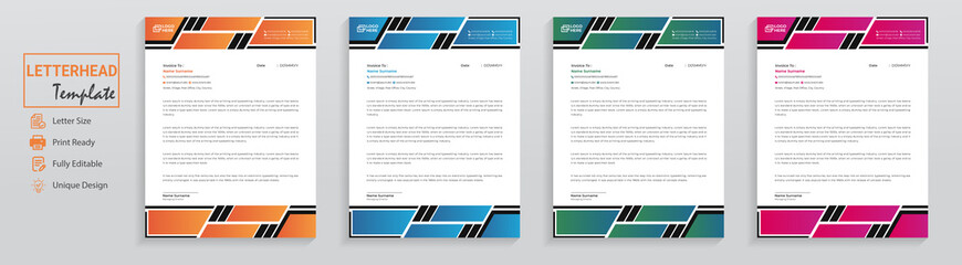 Professional Letterhead Template Set. Business style letterhead templates for your project design, Vector illustration. Corporate modern letterhead design template with yellow, blue, green, and red.