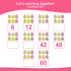 Counting the easter eggs for Preschool Children. Counting multiples of six. Educational printable math worksheet. Additional worksheet for kids. Vector illustration.