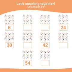 Counting the easter bunny for Preschool Children. Counting multiples of six. Educational printable math worksheet. Additional worksheet for kids. Vector illustration.