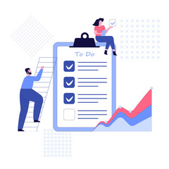 People feel in check boxes in to do list. Project task management IT concept. Software development process and project management activities. Vector illustration on white background