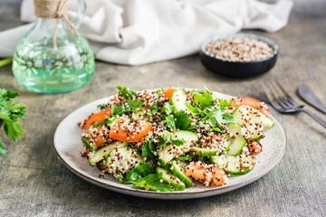 Homemade salad of cucumbers, tomatoes, quinoa mix and herbs on a plate on the table.